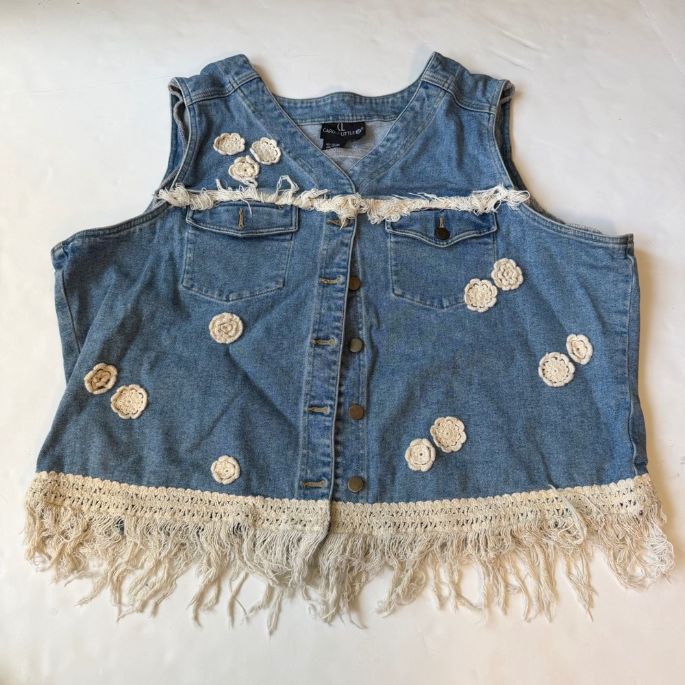 Carole Little Vintage 90s Denim Vest Boho Crochet Fringe Western Plus Size 2X 20